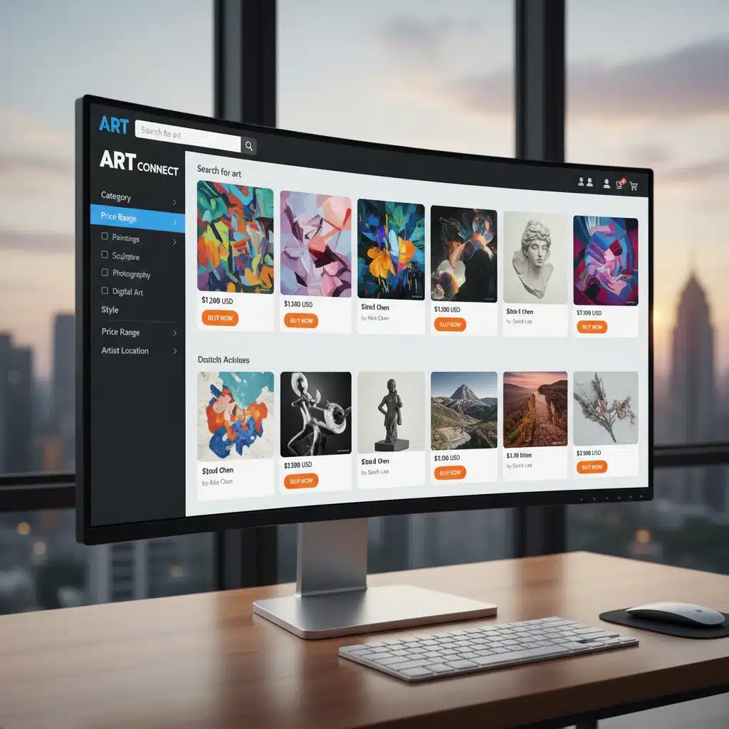 Online art marketplace interface on a computer screen, displaying diverse artworks for sale.