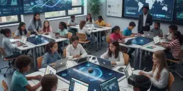 Students learning with personalized educational technology in a modern classroom, showing diverse engagement.