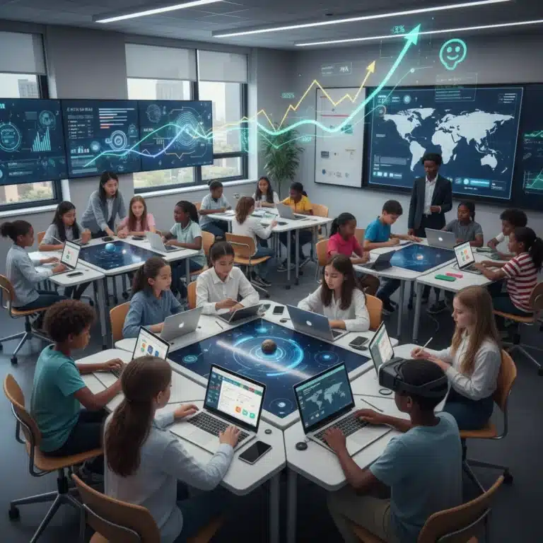 Students learning with personalized educational technology in a modern classroom, showing diverse engagement.