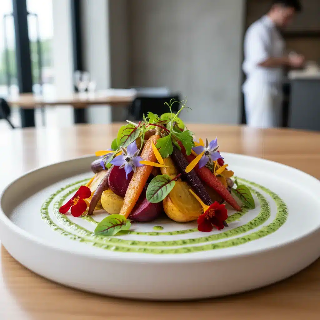Exquisitely plated plant-based dish in a modern restaurant setting