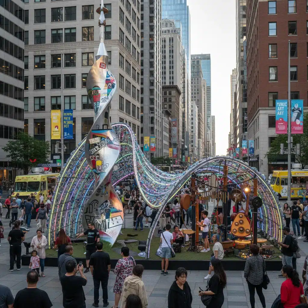 Public interacting with a large, collaborative outdoor art exhibition in a bustling US city, showcasing wide audience reach.