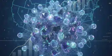 Abstract visualization of quantum computing network with financial growth indicators over a U.S. map, symbolizing quantum computing investments and financial impact.