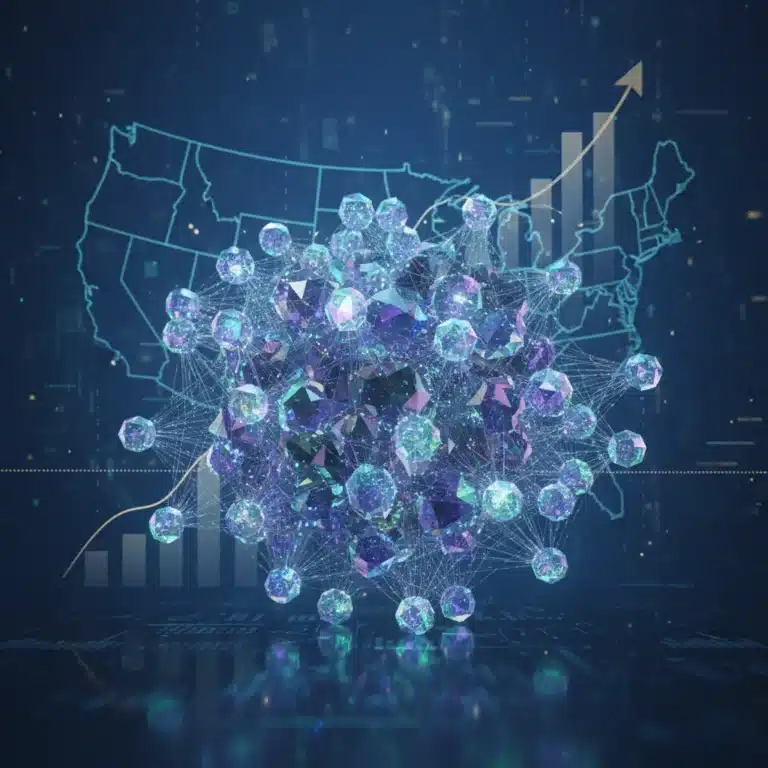Abstract visualization of quantum computing network with financial growth indicators over a U.S. map, symbolizing quantum computing investments and financial impact.