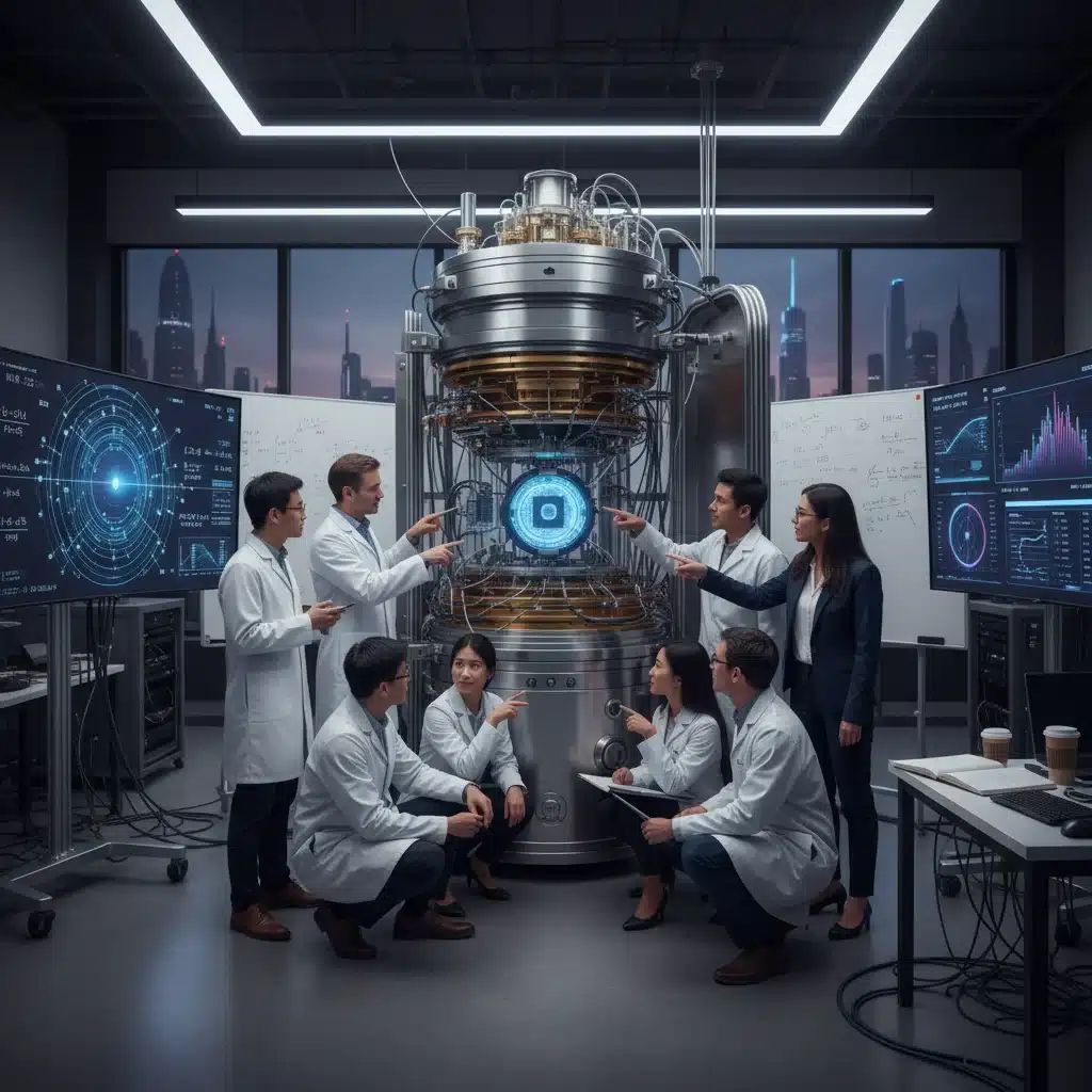 Scientists collaborating around a quantum computer, showcasing research and development in quantum hardware.