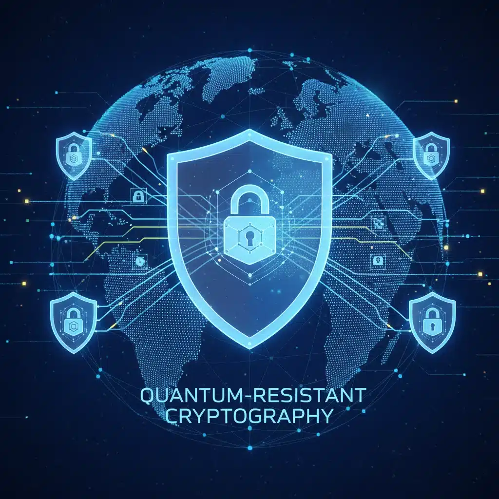Digital illustration of quantum-resistant cryptography protecting data flow across a global network.