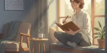Person reflecting with notebook and pen, symbolizing monthly personal growth in 2026.