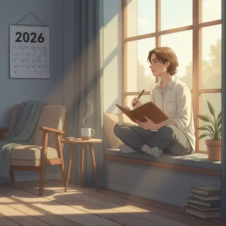Person reflecting with notebook and pen, symbolizing monthly personal growth in 2026.