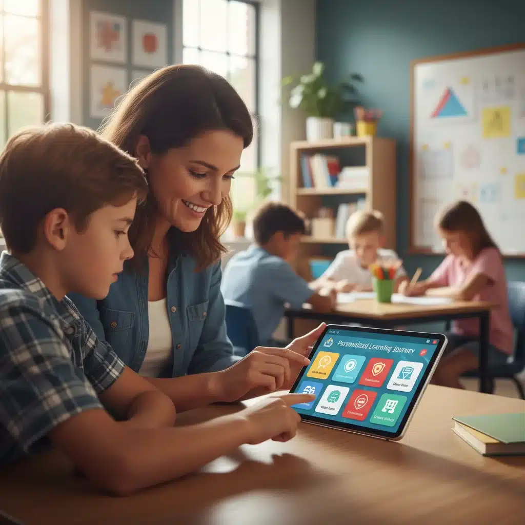 Teacher and student reviewing a personalized learning dashboard on a tablet in a classroom.