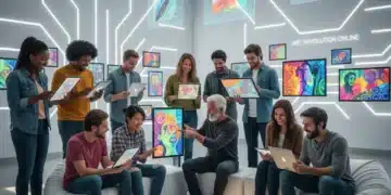 US artists engaging with various digital art platforms on tablets and laptops, showcasing diverse artwork.