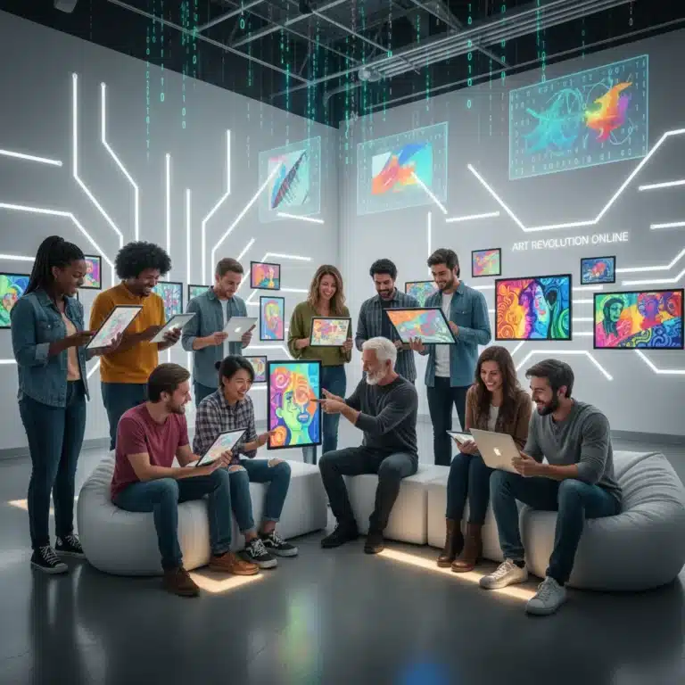 US artists engaging with various digital art platforms on tablets and laptops, showcasing diverse artwork.