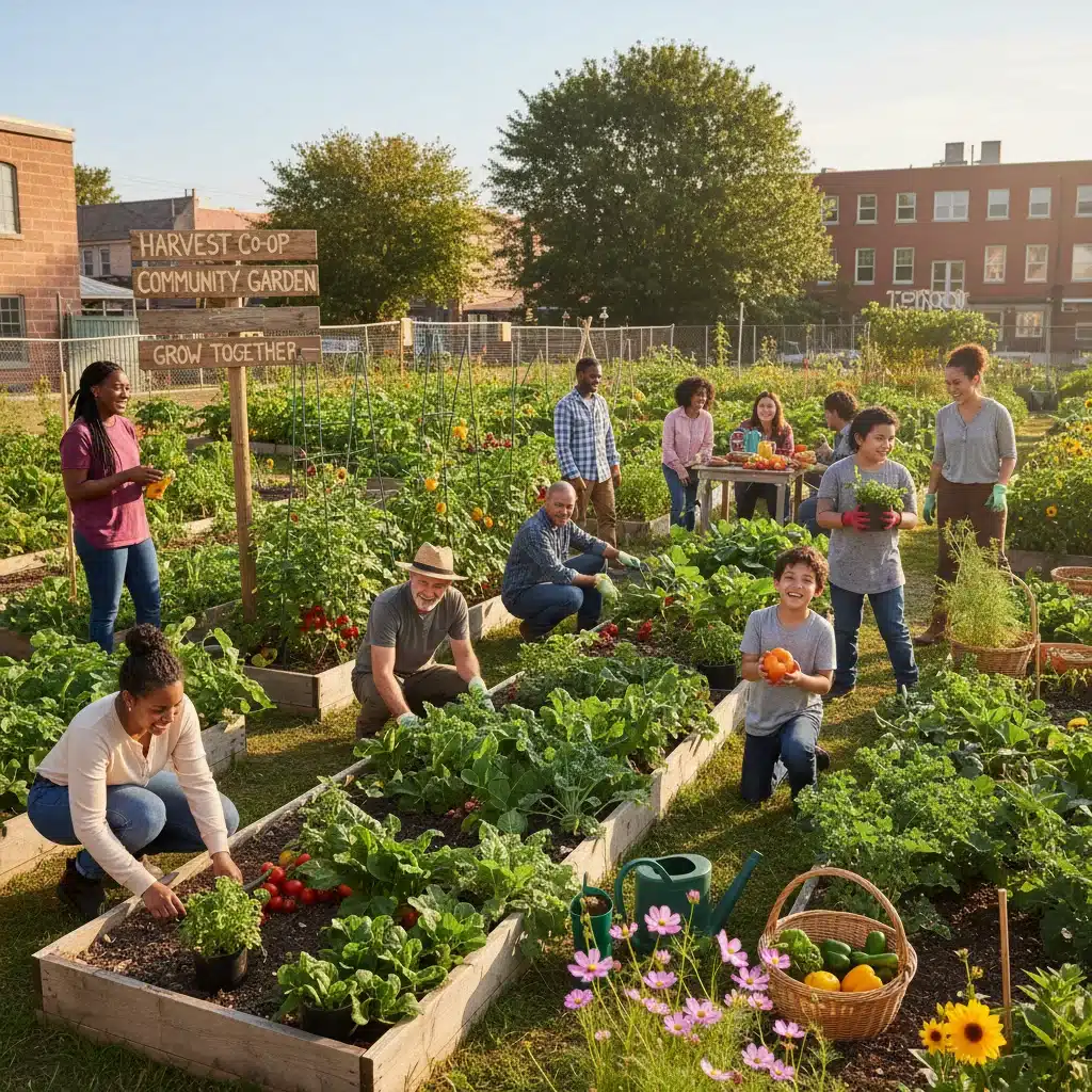 Diverse community members working together in a thriving local garden.