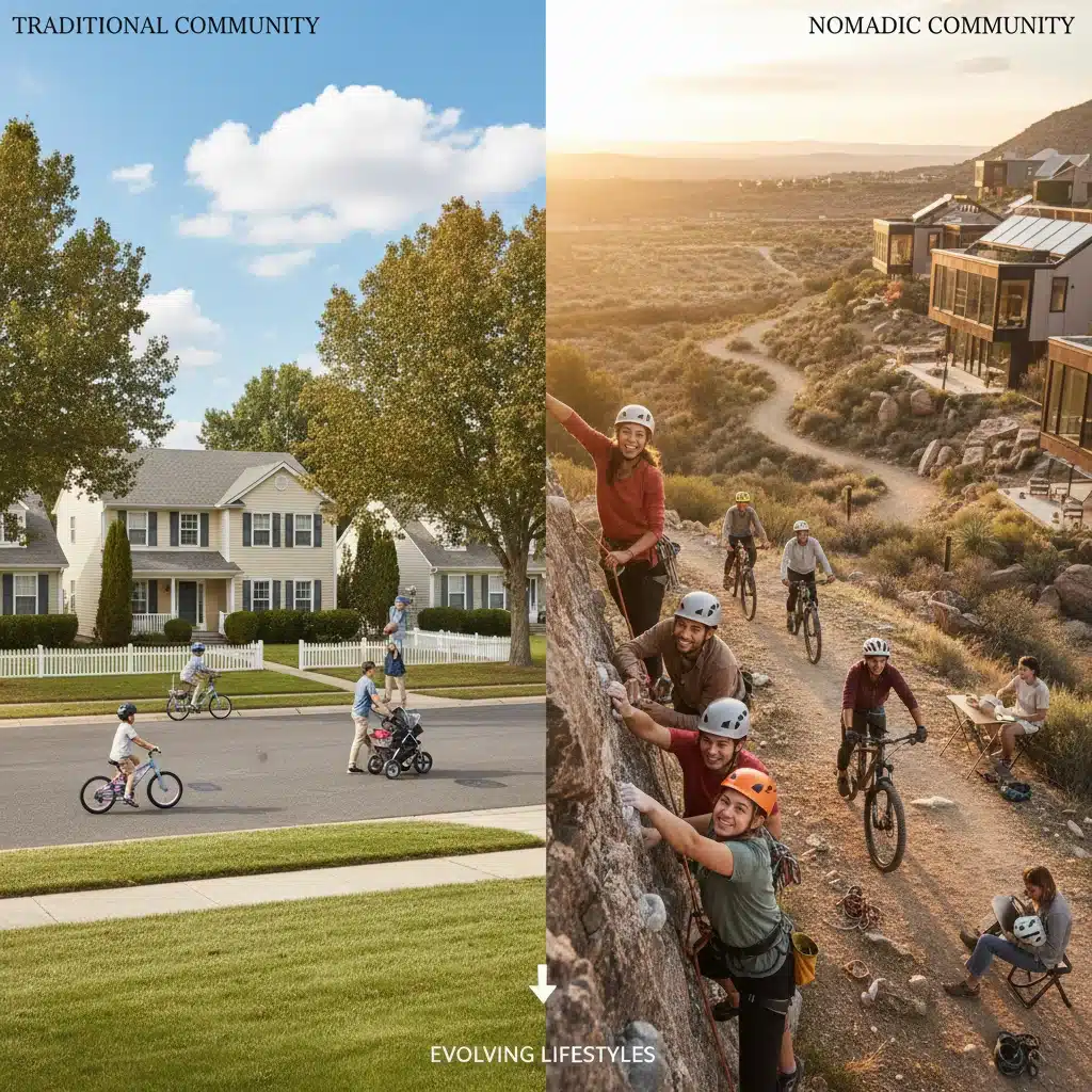 Contrasting scenes of traditional suburbs and modern co-living spaces, reflecting cultural shifts