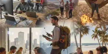 Diverse digital nomads working remotely in various American locations, showcasing mobile lifestyle and technology