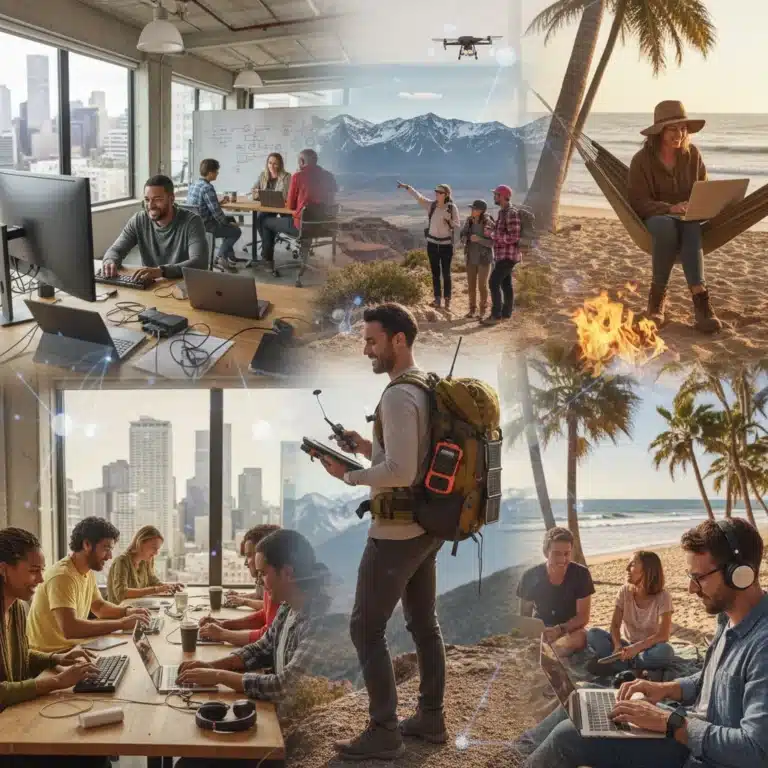 Diverse digital nomads working remotely in various American locations, showcasing mobile lifestyle and technology