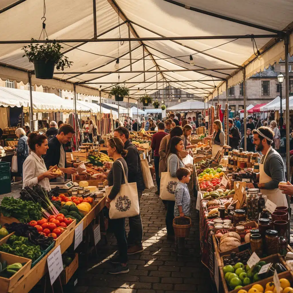 Vibrant local farmers market showcasing fresh produce and community commerce.