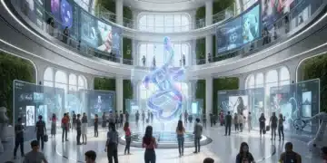Students engaging with traditional and digital art in a futuristic art school setting