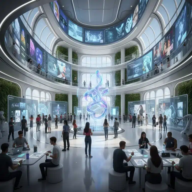 Students engaging with traditional and digital art in a futuristic art school setting