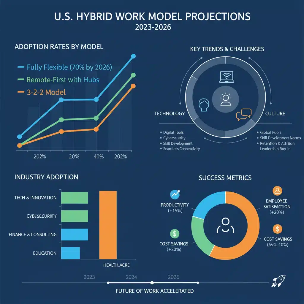 Infographic showing projected growth and adoption of various hybrid work models in U.S. corporations by 2026.