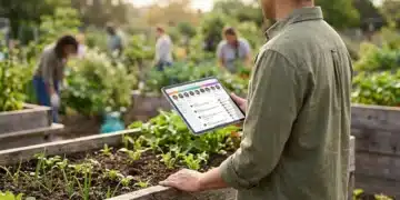 A person holding a tablet showing an online community forum, while their other hand touches a community garden bed with sprouting plants, symbolizing the blend of digital and local connections in American culture.