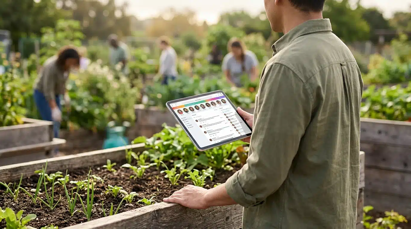 A person holding a tablet showing an online community forum, while their other hand touches a community garden bed with sprouting plants, symbolizing the blend of digital and local connections in American culture.