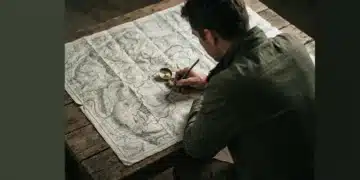 A person from behind, intently tracing a complex topographical map with a compass and pencil on a wooden table, symbolizing the intricate journey of personal growth.