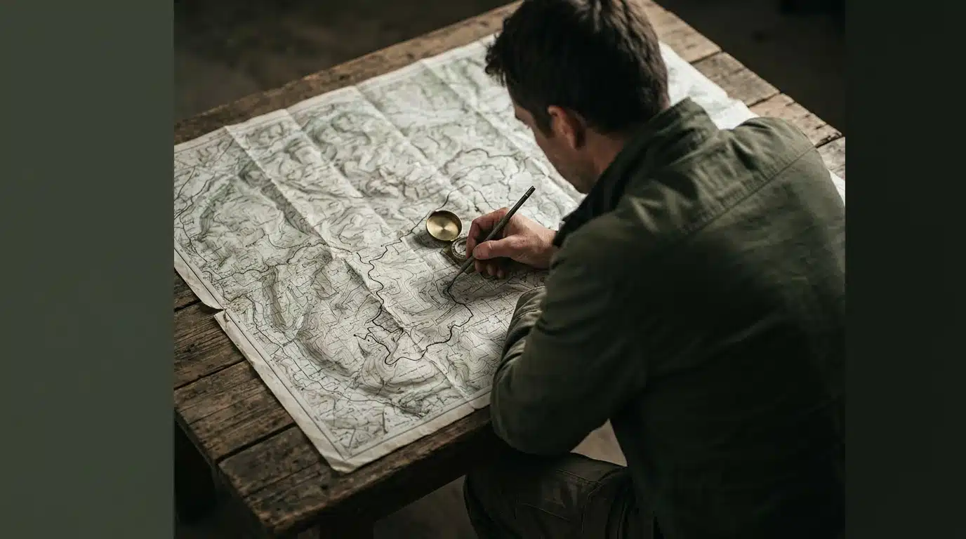 A person from behind, intently tracing a complex topographical map with a compass and pencil on a wooden table, symbolizing the intricate journey of personal growth.