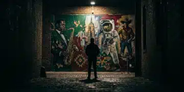A silhouette of a person observing a vibrant, detailed mural depicting a collage of diverse American cultural symbols in a dimly lit alley, illuminated by a single dramatic light source, symbolizing the evolving tapestry of American identity.