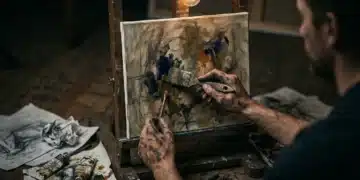 Close-up of a person's paint-stained hands intensely working on a canvas in a dimly lit art studio, surrounded by discarded sketches and art supplies, symbolizing the arduous creative process.