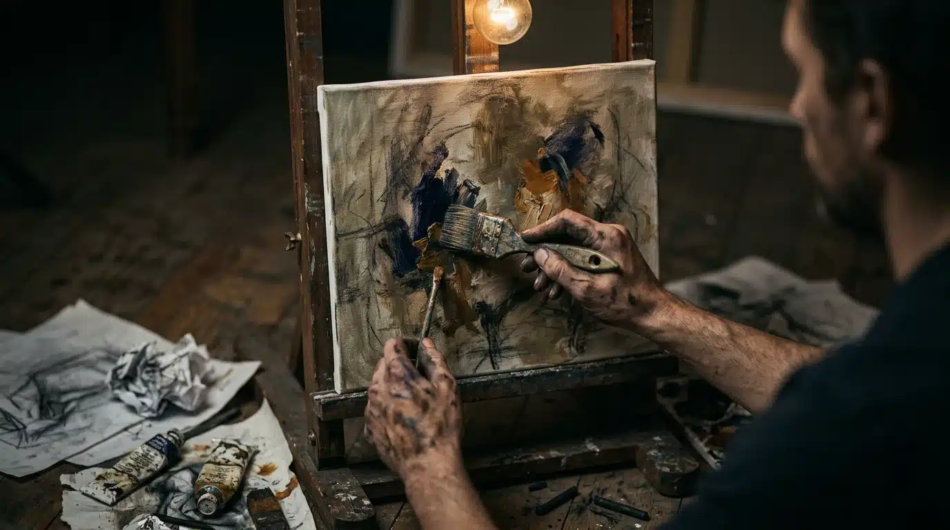 Close-up of a person's paint-stained hands intensely working on a canvas in a dimly lit art studio, surrounded by discarded sketches and art supplies, symbolizing the arduous creative process.