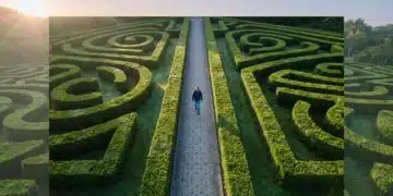 Aerial view of a person walking on a geometric stone path through a green garden maze, representing a structured personal growth framework and purposeful self-betterment.