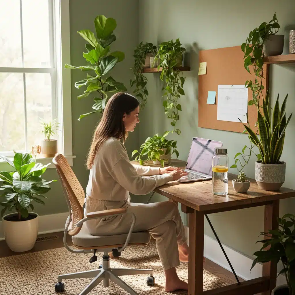 Person focused in a healthy home office, demonstrating productive daily habits.