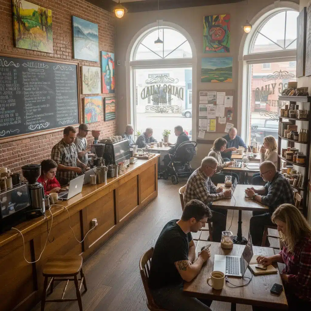 Remote workers in a bustling small-town coffee shop, showing economic integration