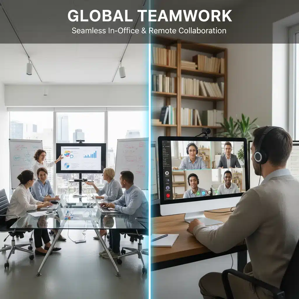 Seamless collaboration between in-office and remote team members in a hybrid work setting.