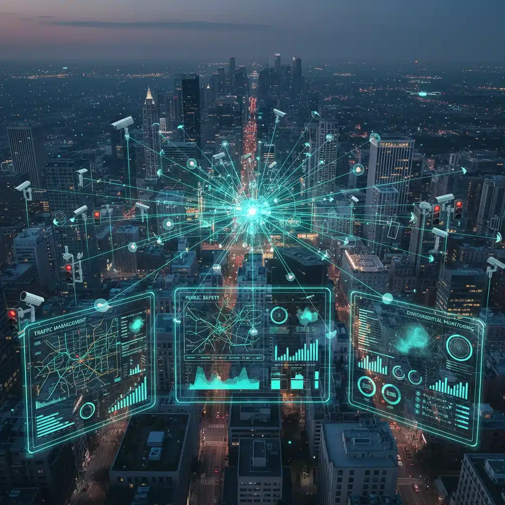 Data streams and smart sensors in an urban environment for city management.