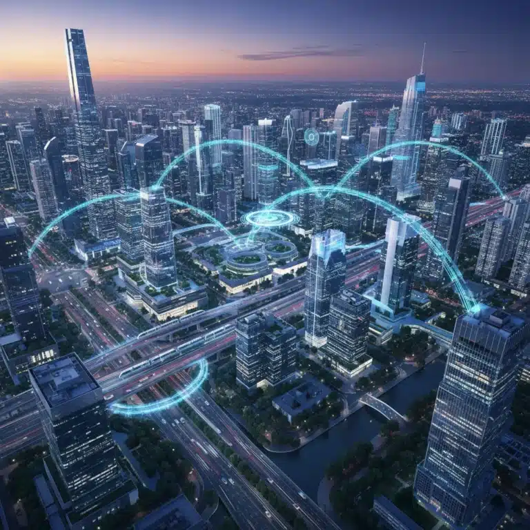 Smart city infrastructure with integrated technology and federal funding impact.