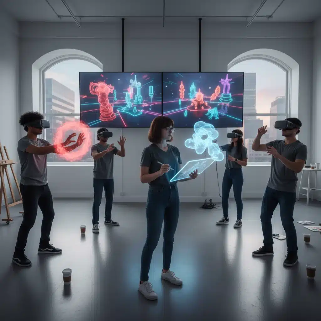 Art students collaborating on a virtual reality art project in a modern studio