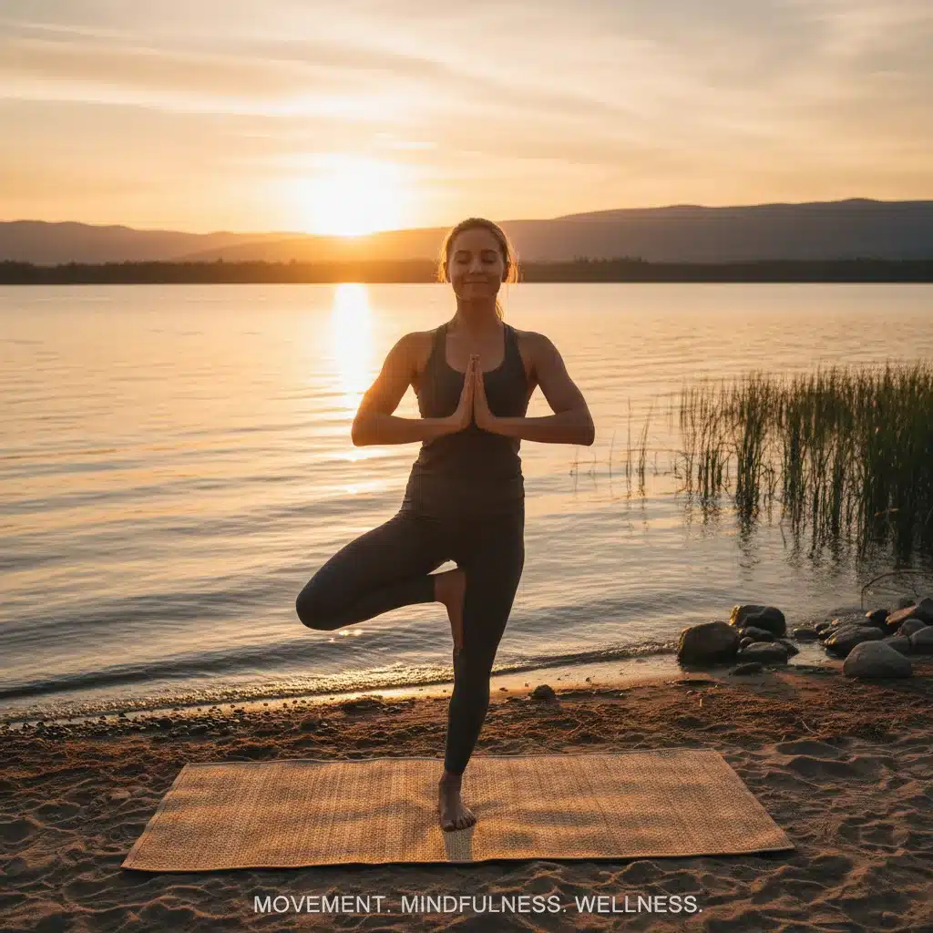 Person doing yoga by a lake at sunset, highlighting physical activity and mindfulness.