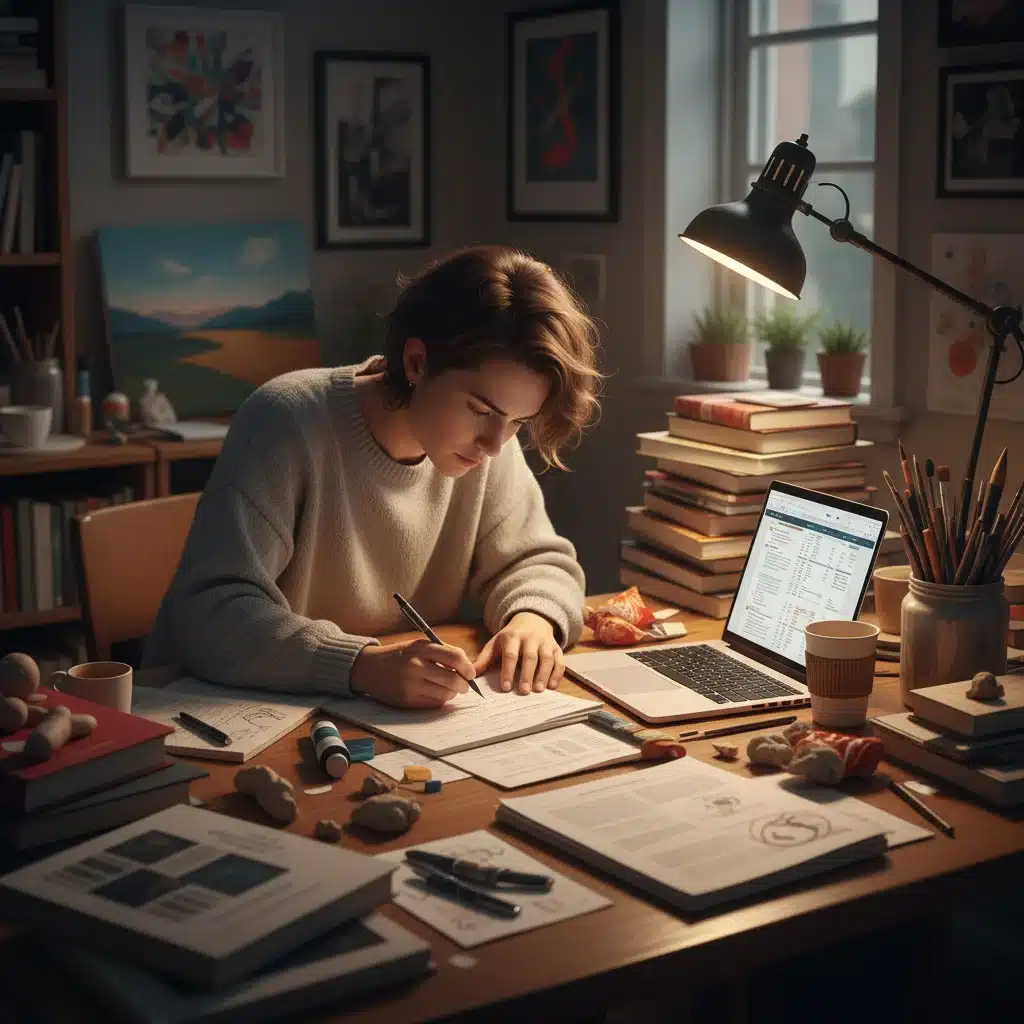 Artist meticulously writing a grant proposal for creative project funding.