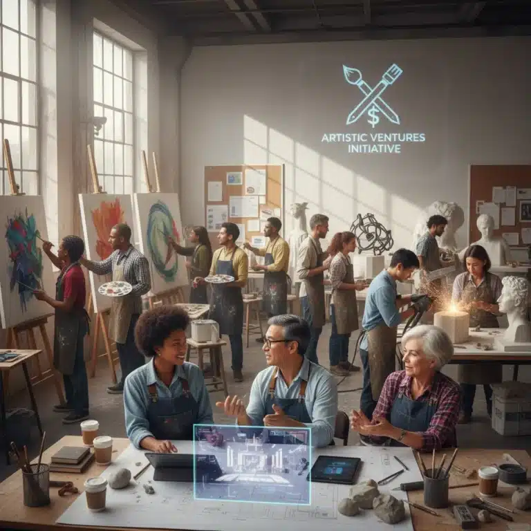 Artists collaborating in a studio, symbolizing new grant opportunities for creative projects.
