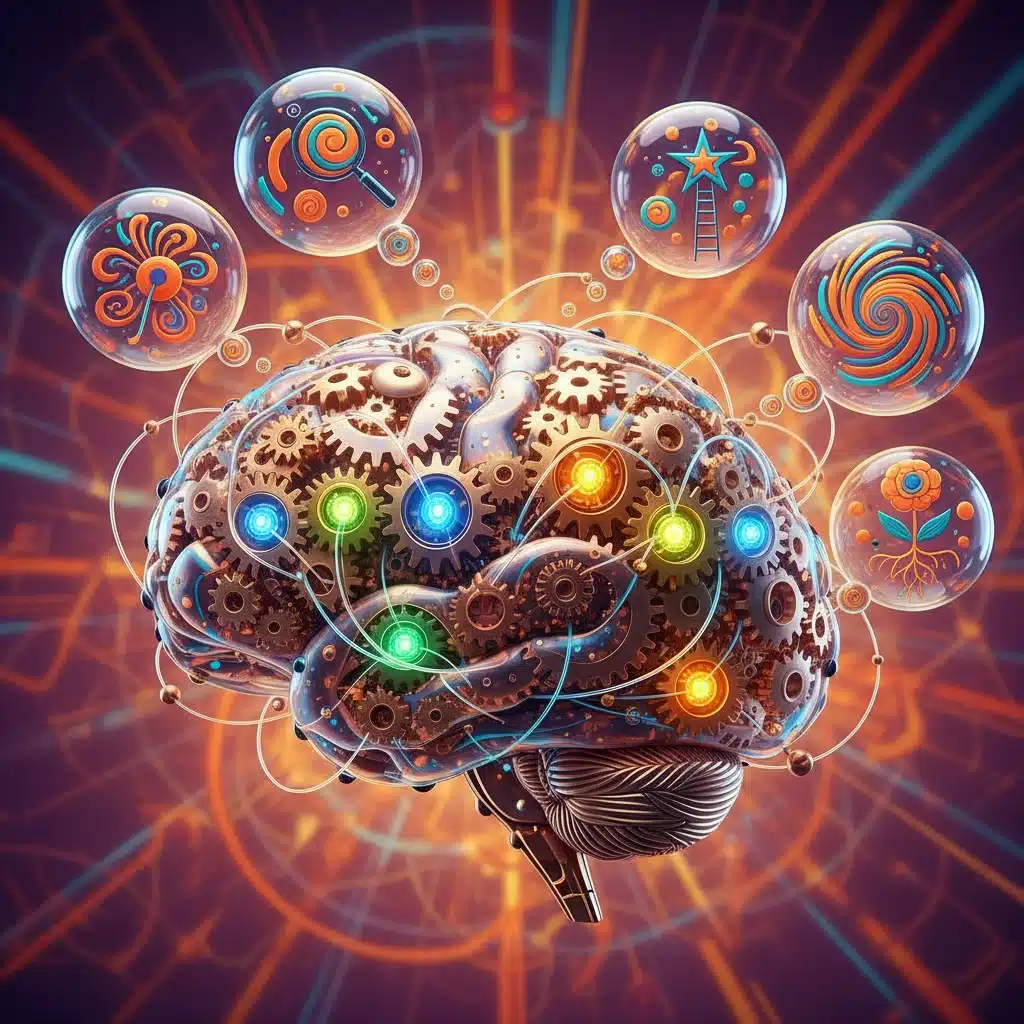 Illustration of cognitive flexibility and innovative problem-solving through interconnected gears and lightbulbs within a brain.