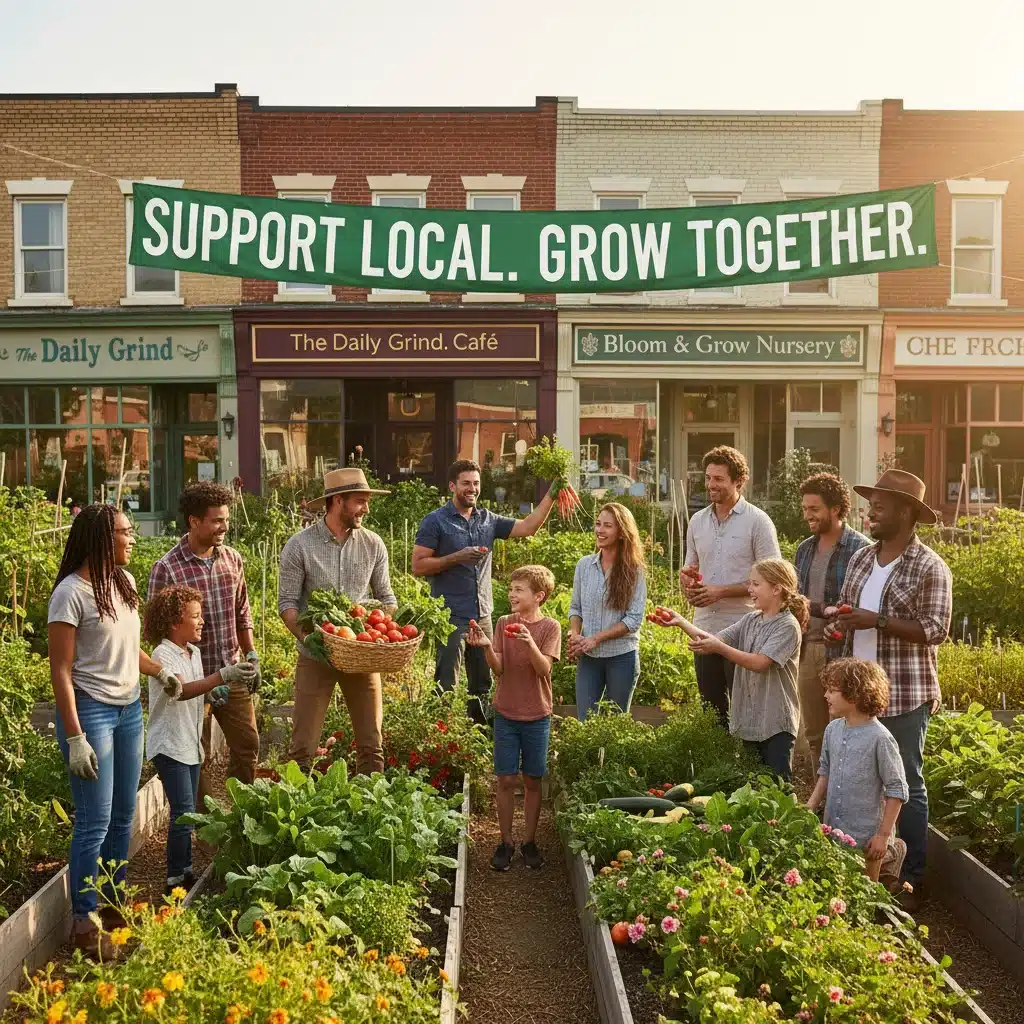 Community members collaboratively working in a local garden, embodying renewed localism and collective effort.