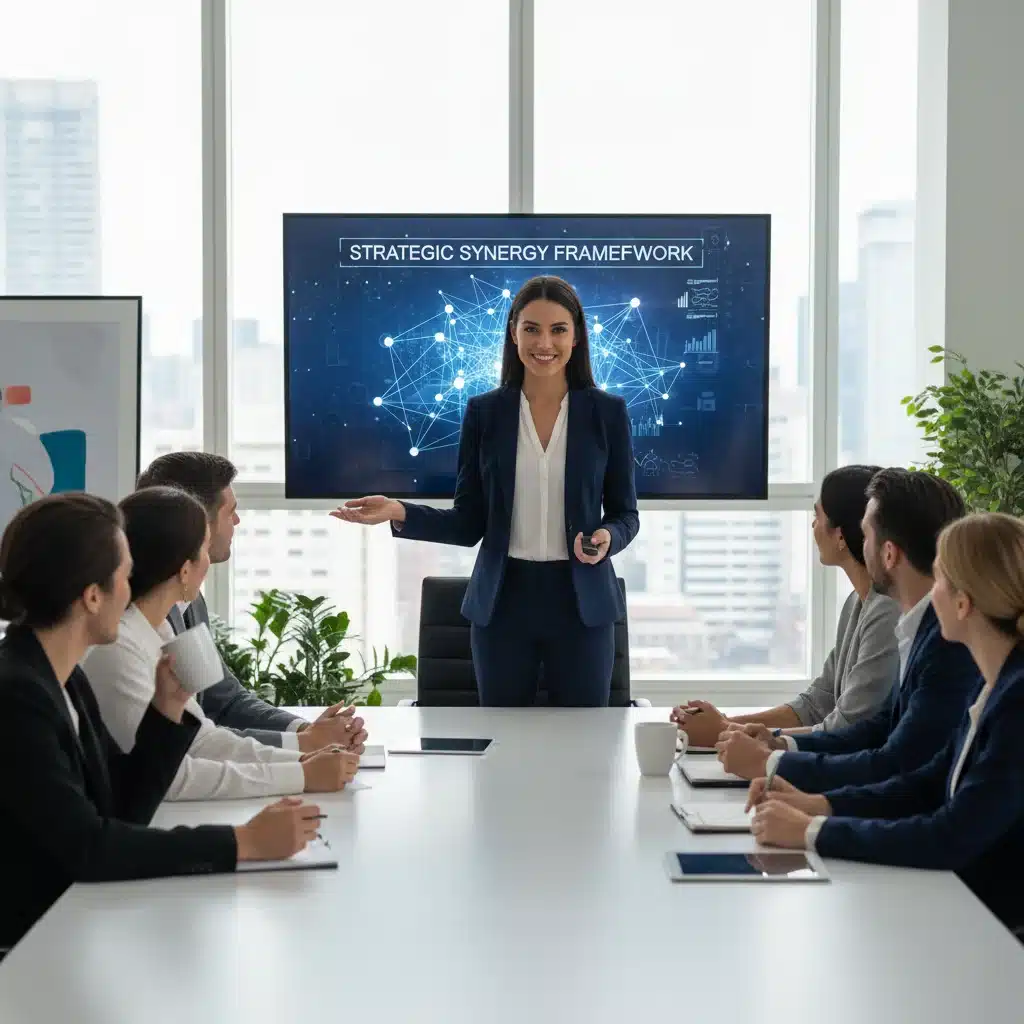 Professional confidently presenting, demonstrating leveraged communication strength