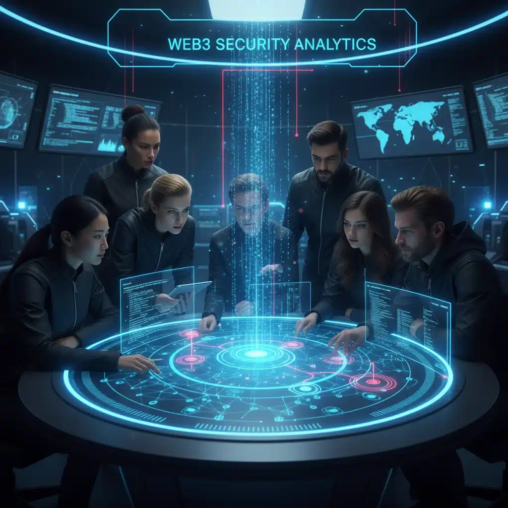 Cybersecurity team analyzing Web3 threat vectors on a holographic display