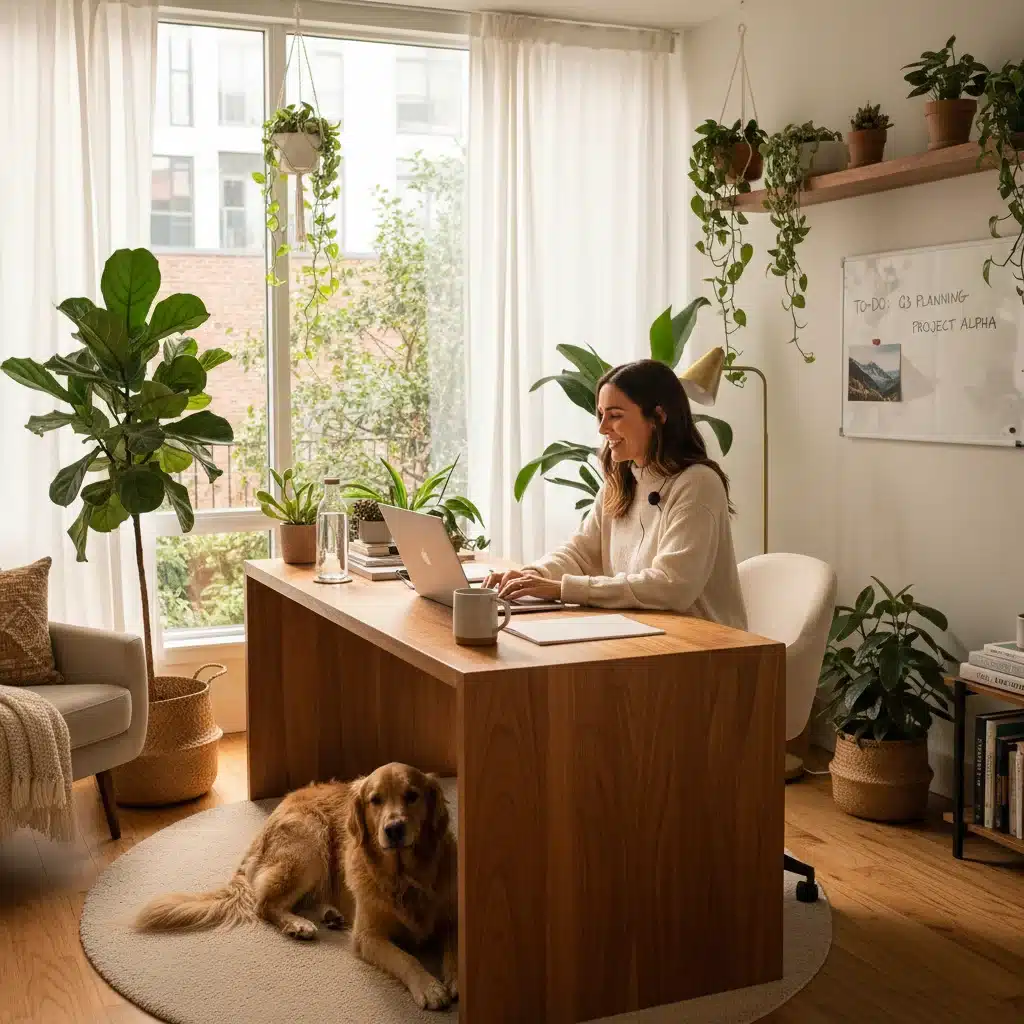 Individual working remotely from a well-designed home office, reflecting the rise of hybrid work models.