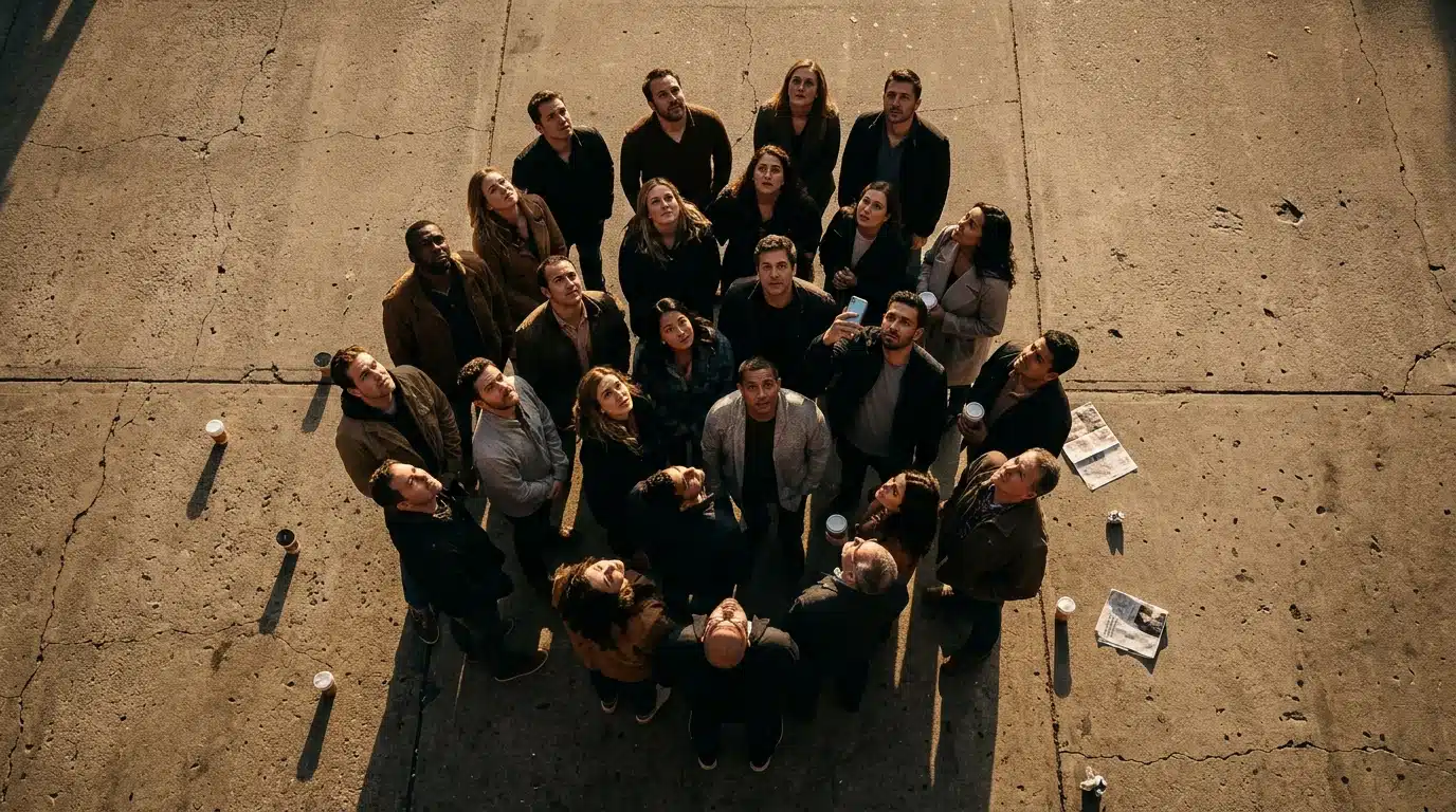 Overhead view of a diverse group of people on a concrete plaza, all looking upwards, captivated by an unseen event, illustrating collective psychological drivers of cultural trends.
