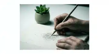 American Ingenuity: Case Studies in Culture, Creativity, and Personal Triumph Close-up of a person's hands sketching a geometric pattern in a recycled paper sketchbook, symbolizing resilience and personal growth through creative endeavor.