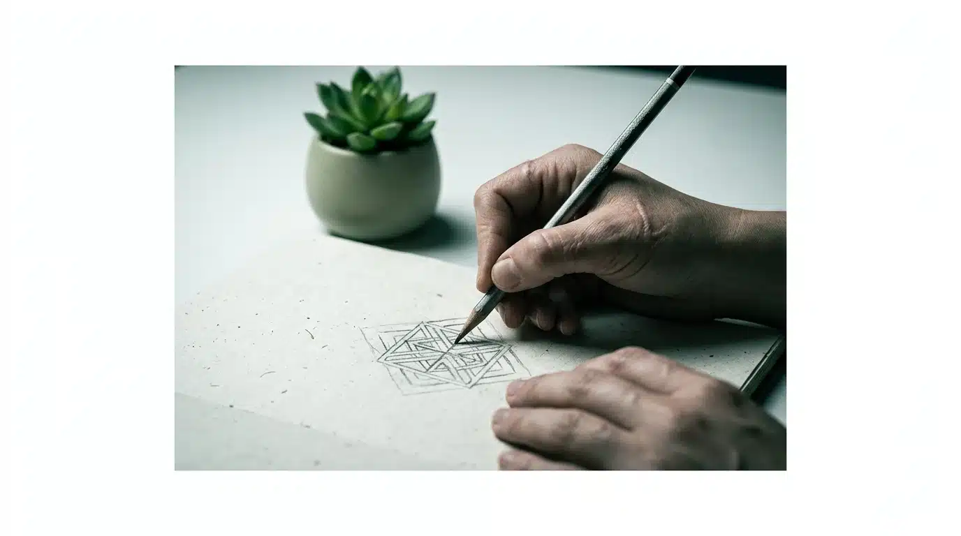 Close-up of a person's hands sketching a geometric pattern in a recycled paper sketchbook, symbolizing resilience and personal growth through creative endeavor.