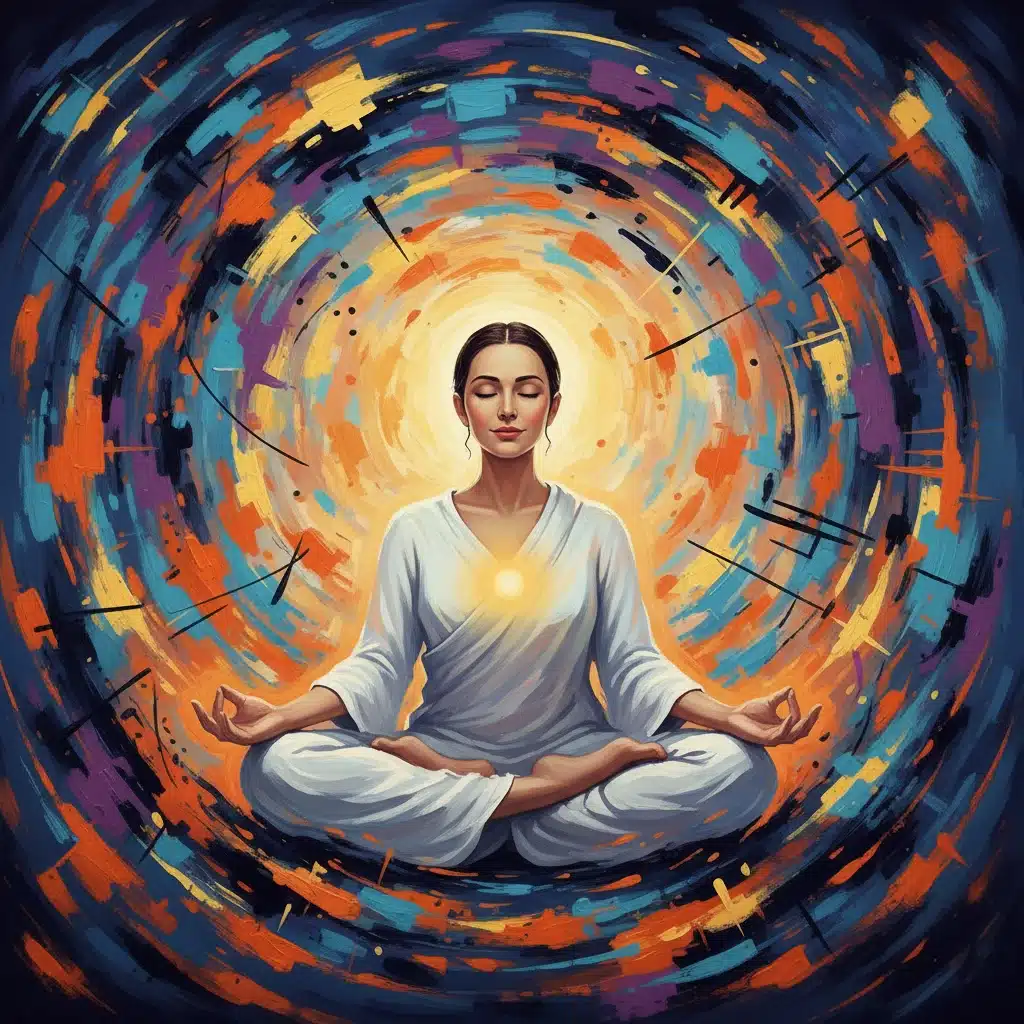 Person meditating calmly amidst chaotic background, symbolizing resilience and finding peace in uncertainty.