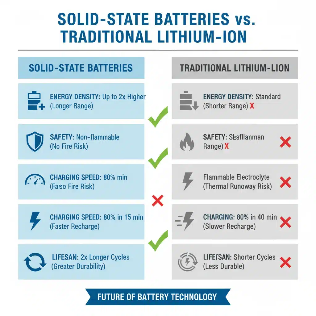 Infographic comparing solid-state battery advantages to traditional lithium-ion batteries.