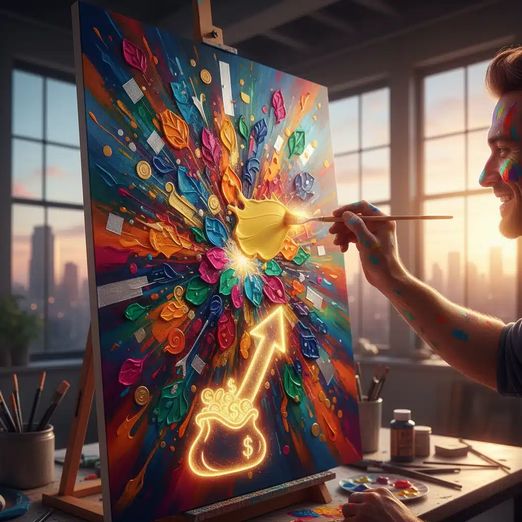 Hand painting a vibrant abstract artwork, representing funded creative projects.
